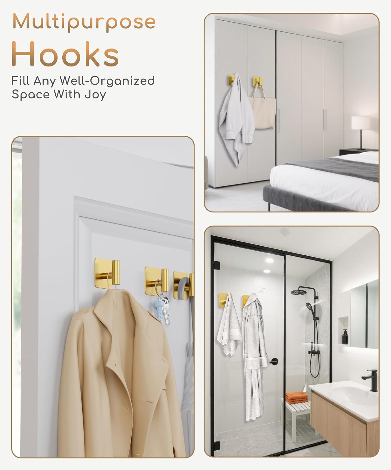 Aikzik 4 Pack Large Heavy Duty Wall Hooks - 26lb Max, Stainless Steel Adhesive Towel Hook, Shower Hooks for Hanging Towel, Coat, Robe, Wall Hook for Use in Bathroom, Kitchen and Door, Matte Black