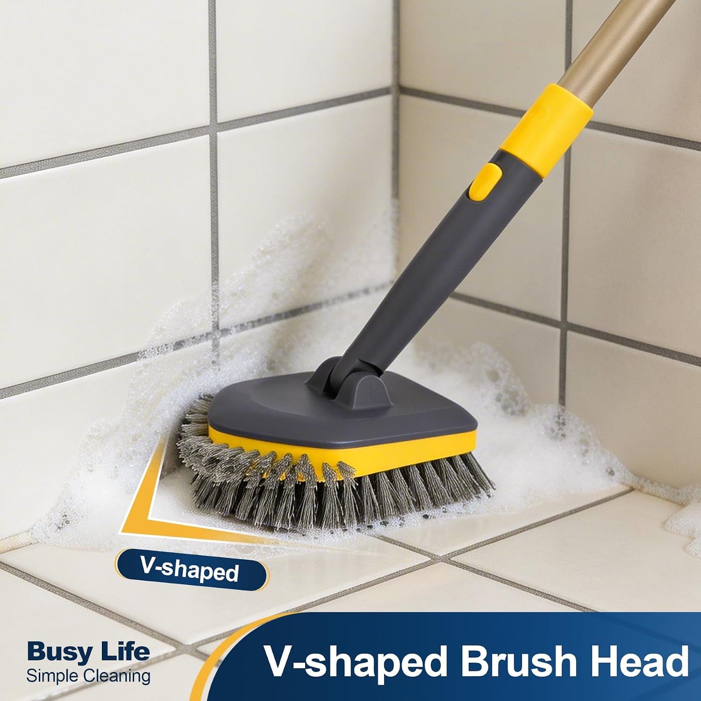 Yocada Tub Tile Scrubber Brush 2 in 1 Cleaning Brush Telescopic Pole Stiff Edge Bristles 4*Scouring Pads for Bathroom Shower Floor Corner Cleaning Non Scratch 58.2"