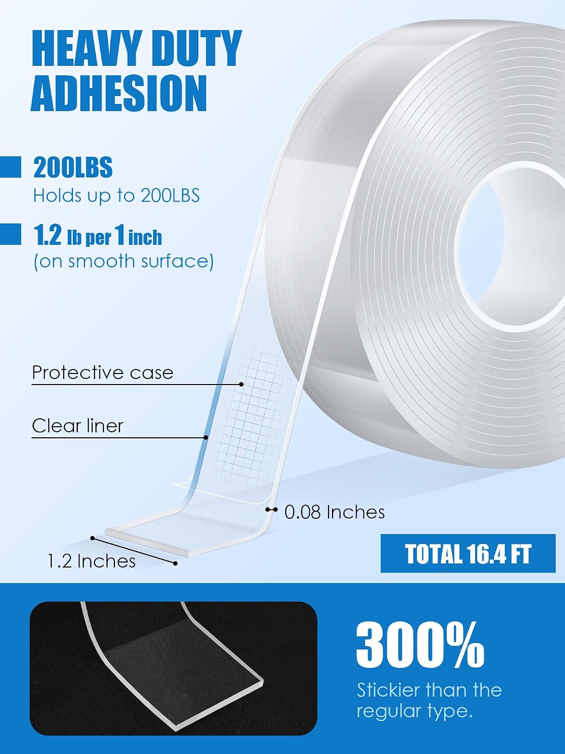 Double Sided Tape Heavy Duty, Transparent Magic Nano Tape, Multipurpose Removable Adhesive Grip Mounting Tape Washable for Carpet, Wall Decor, Hanging Picture, DIY Projects