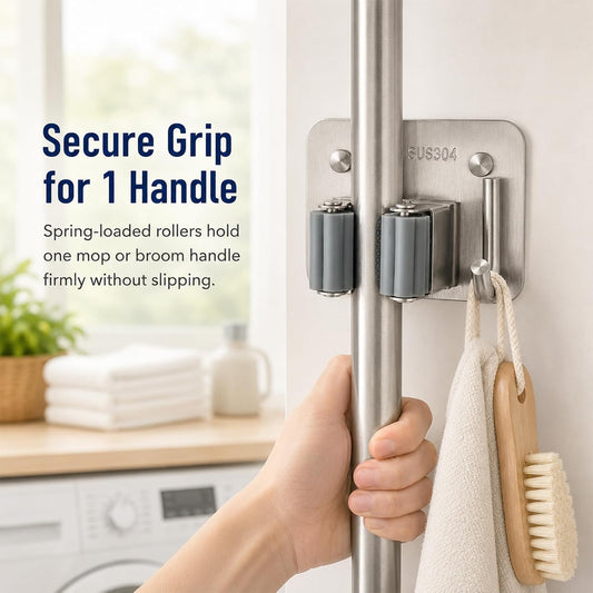 Broom Holder Wall Mount 4 Pack, Heavy Duty Mop and Broom Holder with Hooks, 304 Stainless Steel Broom Hanger, Self Adhesive or Screw Mount Organizer for Kitchen Laundry Garage