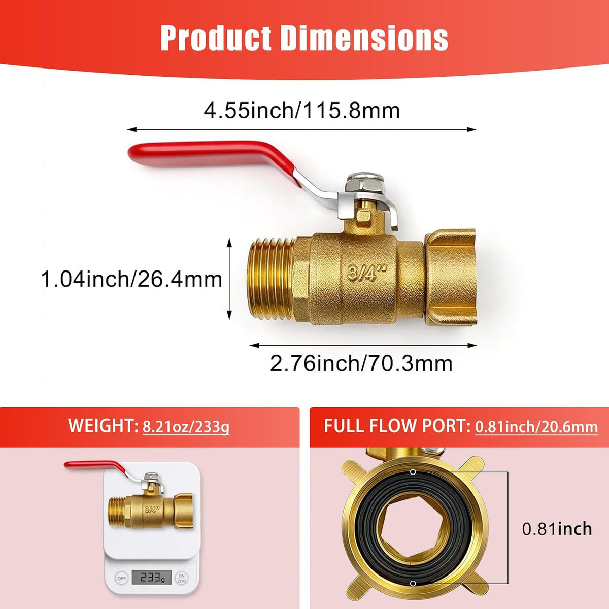 Hose Splitter 2 Way Heavy Duty, 3/4 Inch GHT Thread Y Valve Connector with Stainless Steel Long Handle, Full Flow Garden Brass Hose Splitter for Outdoor Watering, Irrigation, Washing