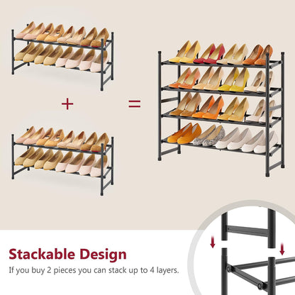 Tajsoon Expandable Shoe Rack for Closet 3 Tier, 28“-41“Adjustable & Stackable Shoe Shelf Storage, Metal Shoe Rack Organizer for Front Door Entrance, Closet, Garage, Entryway, Black