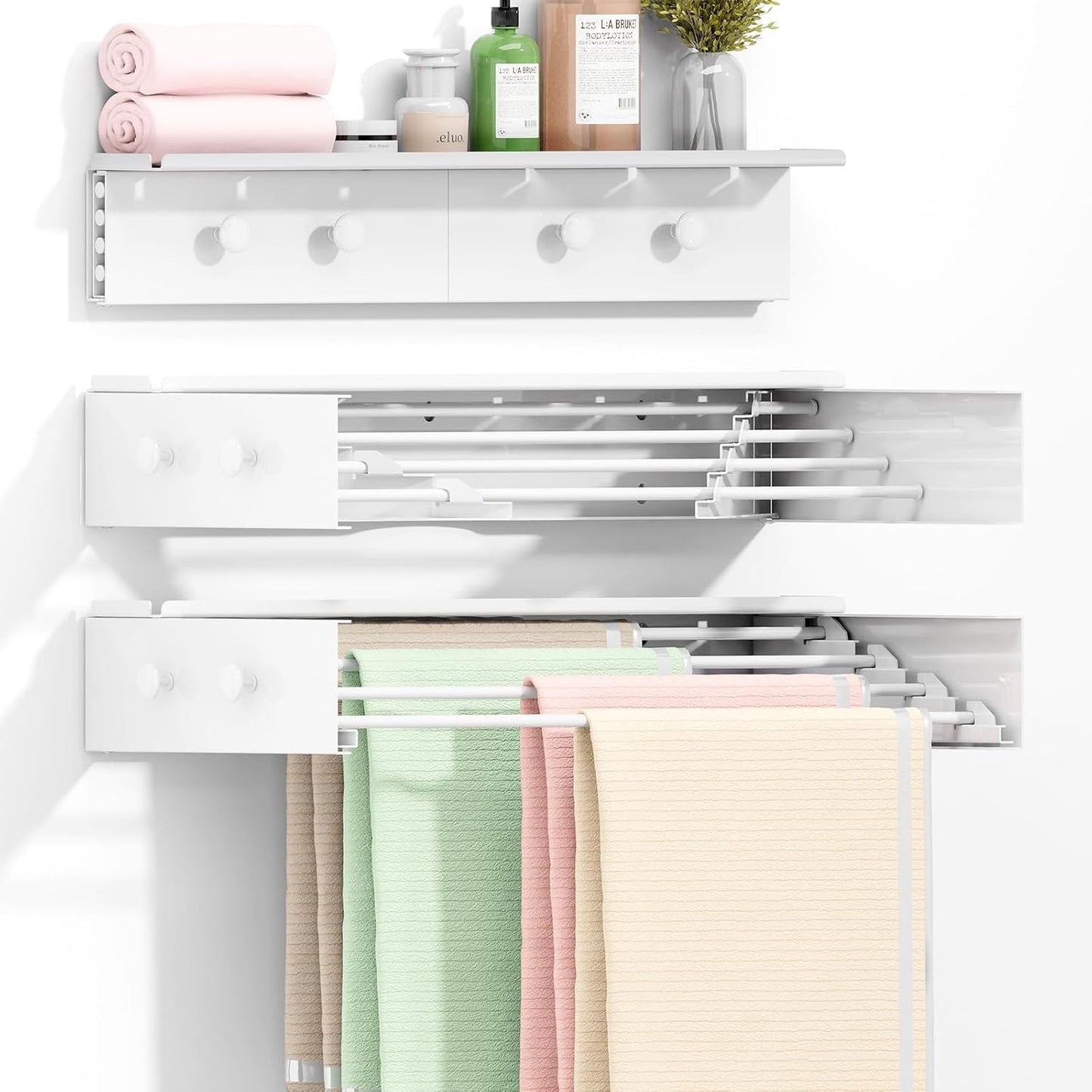 Wall Mounted Drying Rack 23.6'', Foldable Laundry Drying Rack Wall Mount with 4 Towel Hooks and 4 Rods, Space Saving Drying Rack Clothing for Indoor Outdoor Bathroom Balcony (White, 23.6'')