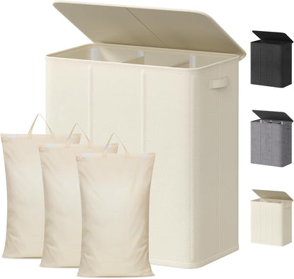 Lifewit Double Laundry Hamper with Lid and Removable Laundry Bags, Large Collapsible 2 Dividers Dirty Clothes Basket with Handles for Bedroom Laundry Room Closet Bathroom College, 136L Beige