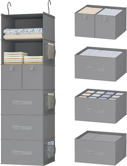 6-Shelf Hanging Closet Organizer with 5 Drawers, Non-Woven Storage, Black | Spacious compartments sort clothes & undergarments; foldable drawers add hidden storage for closets, wardrobes or RVs.