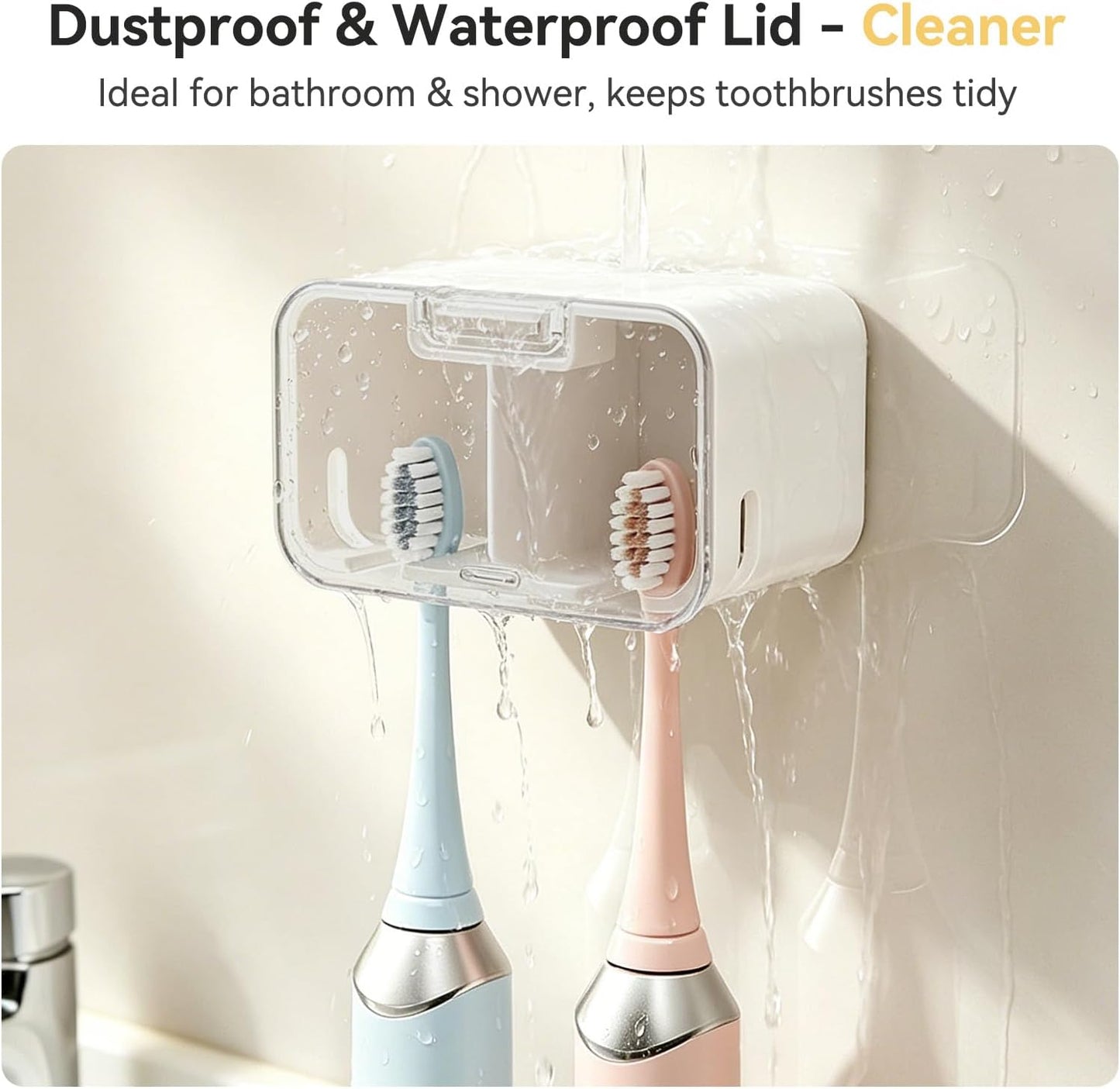 MOPMS Toothbrush Holders for Bathrooms【2 Slot Independent Compartment Design】 2PCS Electric Toothbrush Holder Wall Mounted for Shower, Toothbrush Dispenser Storage Organizer with Cover for Family