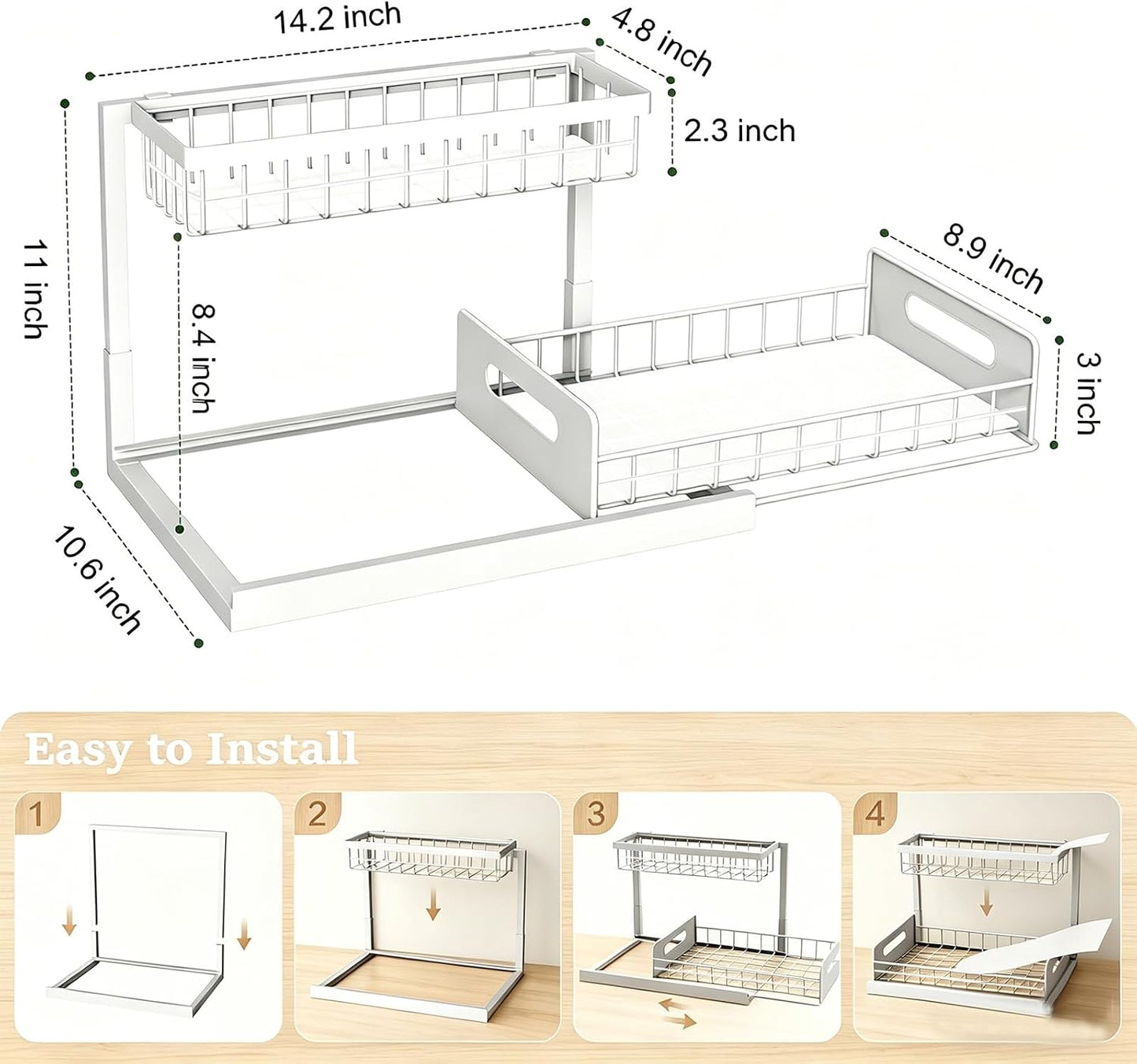 2 Pack Under Sink Organizer, 3-Tier Pull Out Kitchen Cabinet Organizer with 5 Adjustable Heights Metal Slide Out Bathroom Storage Makeup Drawer Rack for Bedroom Office Pantry Home Organization, White