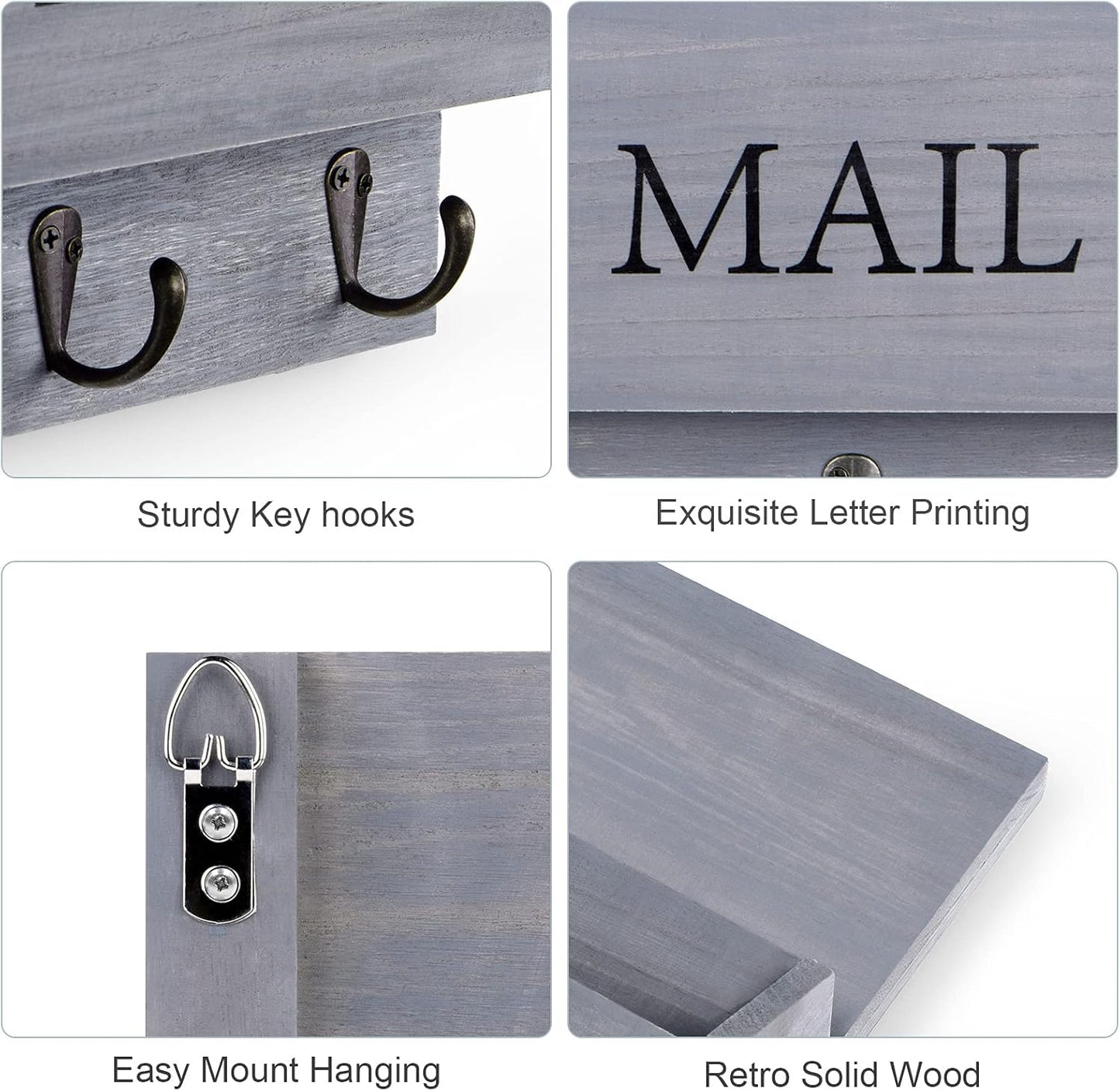 DLQuarts Mail Organizer with Key Holder for Wall, Mail Sorter Wall Mounted, Decorative Wooden Key and Mail Holder with 3 Hooks, Black