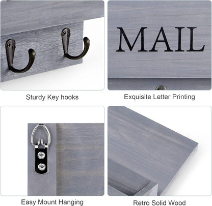 DLQuarts Mail Organizer with Key Holder for Wall, Mail Sorter Wall Mounted, Decorative Wooden Key and Mail Holder with 3 Hooks, Black