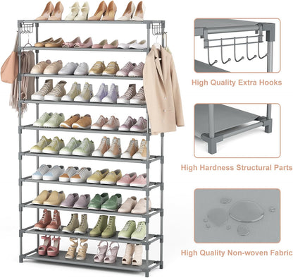 LANTEFUL 10 Tiers Shoe Rack 50 Pairs Large Capacity Tall Shoe Organizer Sturdy Shoe Storage with Two Hooks Space Saving Metal Wide Shoe Rack for Closet, Entryway, Bedroom, Black