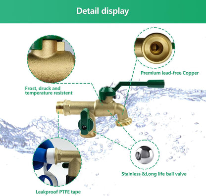 Outdoor Faucet Double Outlet, 1/2 Inch Male Inlet NPT Thread,Wall Mounted Lead-Free Brass Tap with Dual 3/4 inch Outlet,2 Way Splitter,Ball Valves Spigot,for Garden Hose Connector