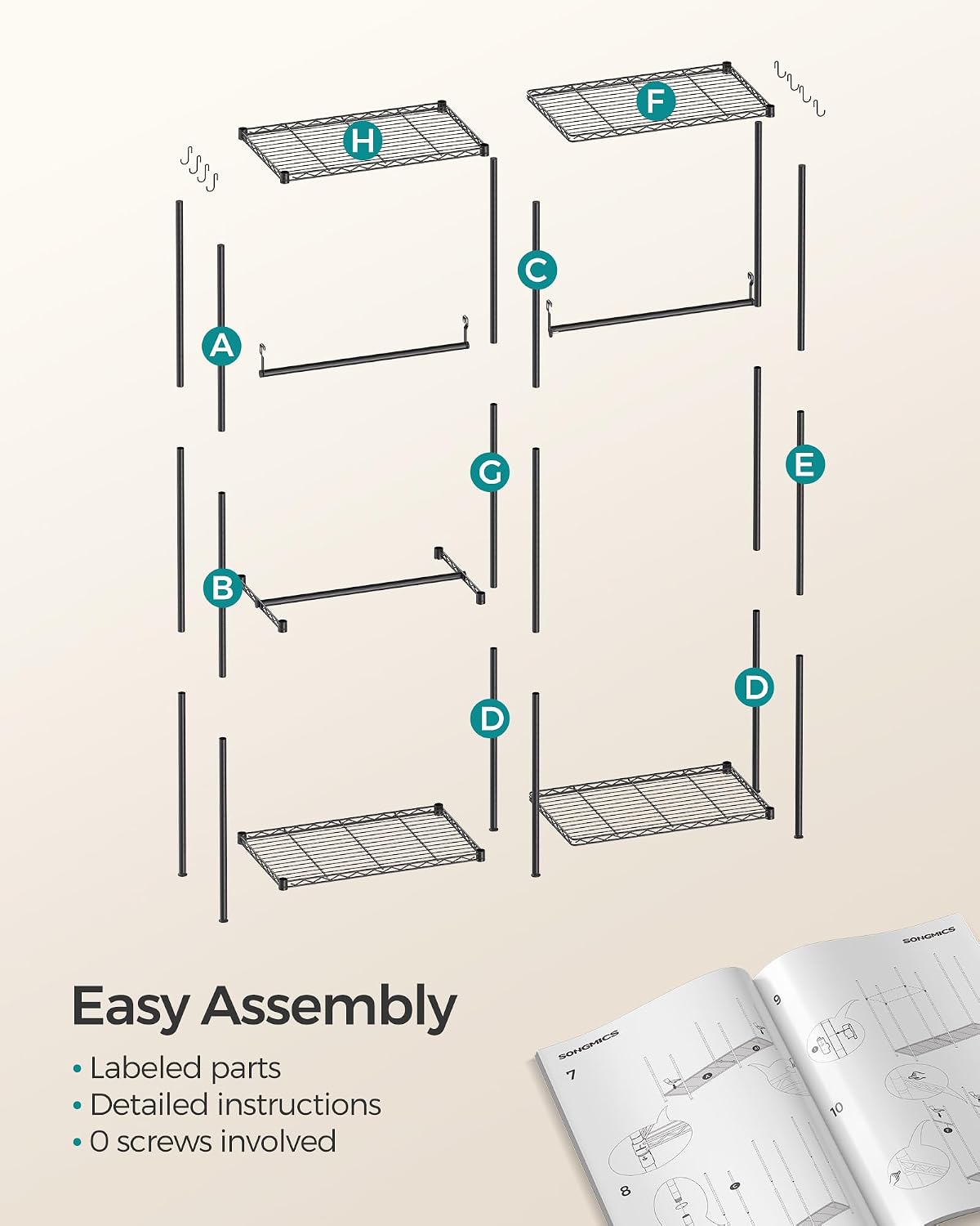 SONGMICS Heavy-Duty Clothes Rack, Garment Rack, Portable Closet, 68.7-Inch Wide Clothing Rack with Adjustable Mesh Shelves and Hanging Rails, Ink Black ULGR433B01