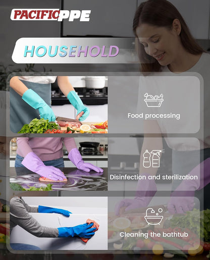 PACIFIC PPE 2 Pairs Reusable Dishwashing Cleaning Gloves with Latex Free, Cotton Lining, Kitchen Gloves, Blue, Medium