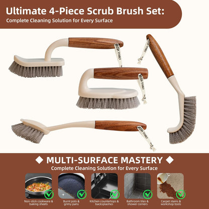 4-Pack Heavy Duty Scrub Brushes Set with Wooden Handles, Triangle & Square Floor Scrubber, Dish Brush, Grout Cleaner for Kitchen, Bathroom, Tile, Carpet & Stubborn Stains Removal