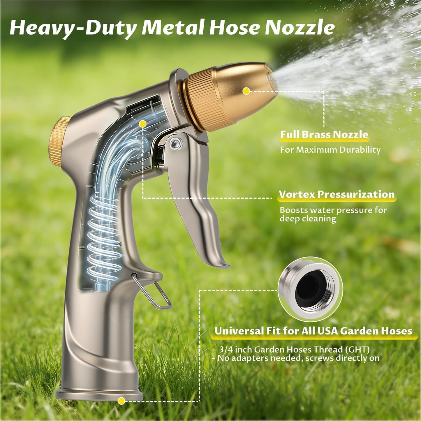 Lichamp Heavy Duty Garden Hose Nozzle Sprayer, Solid Metal High Pressure Water Nozzle with Adjustable Spray Patterns for Watering Plants, Lawns, Car Washing, Patio Cleaning, and Pet Care