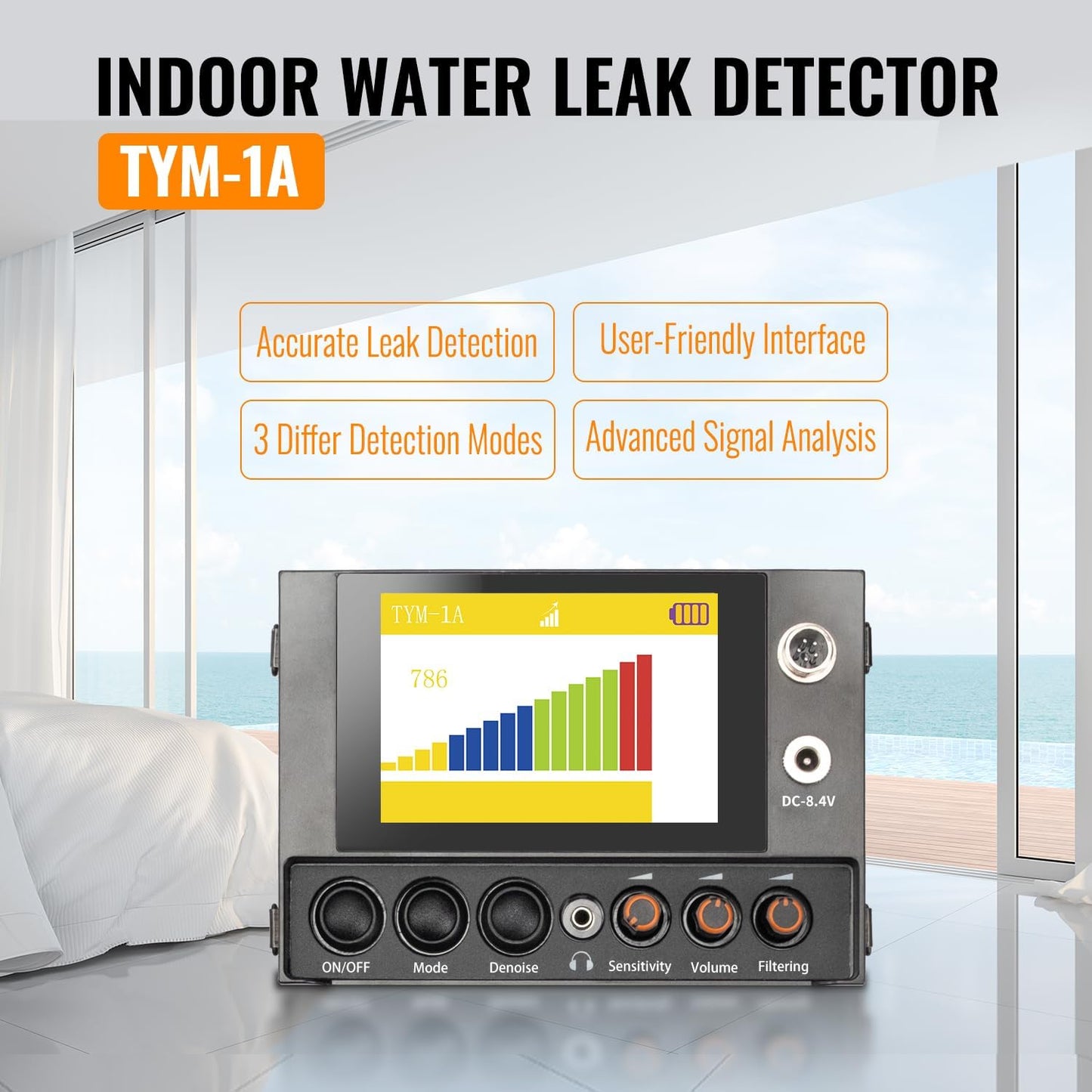 Al Water Leak Detector, Indoor Wall/Ground Under Slab Pipe Leak - TYM-3A | 2 Sensors, 0.5m/1.64ft, 100Hz-8000Hz, 15 Hours