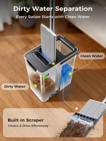 Mop and Bucket Set | Auto-Spray Cleaning | Dirty Water Separation Keep Water Fresh | Flat Mop & Bucket with Wringer | 3x Washable Pads | High-efficiency Cleaning for All Floors Tile Wall Window