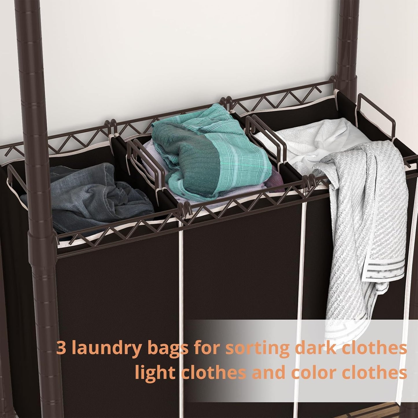 Hodonas Rolling Laundry Basket Organizer with Wheels and Hanging Bar, Laundry Hamper Cart Laundry Sorter 3 Section, Dirty Clothes Hampers for Laundry Bedroom Bathroom w/ 3 Removable Bags, Black