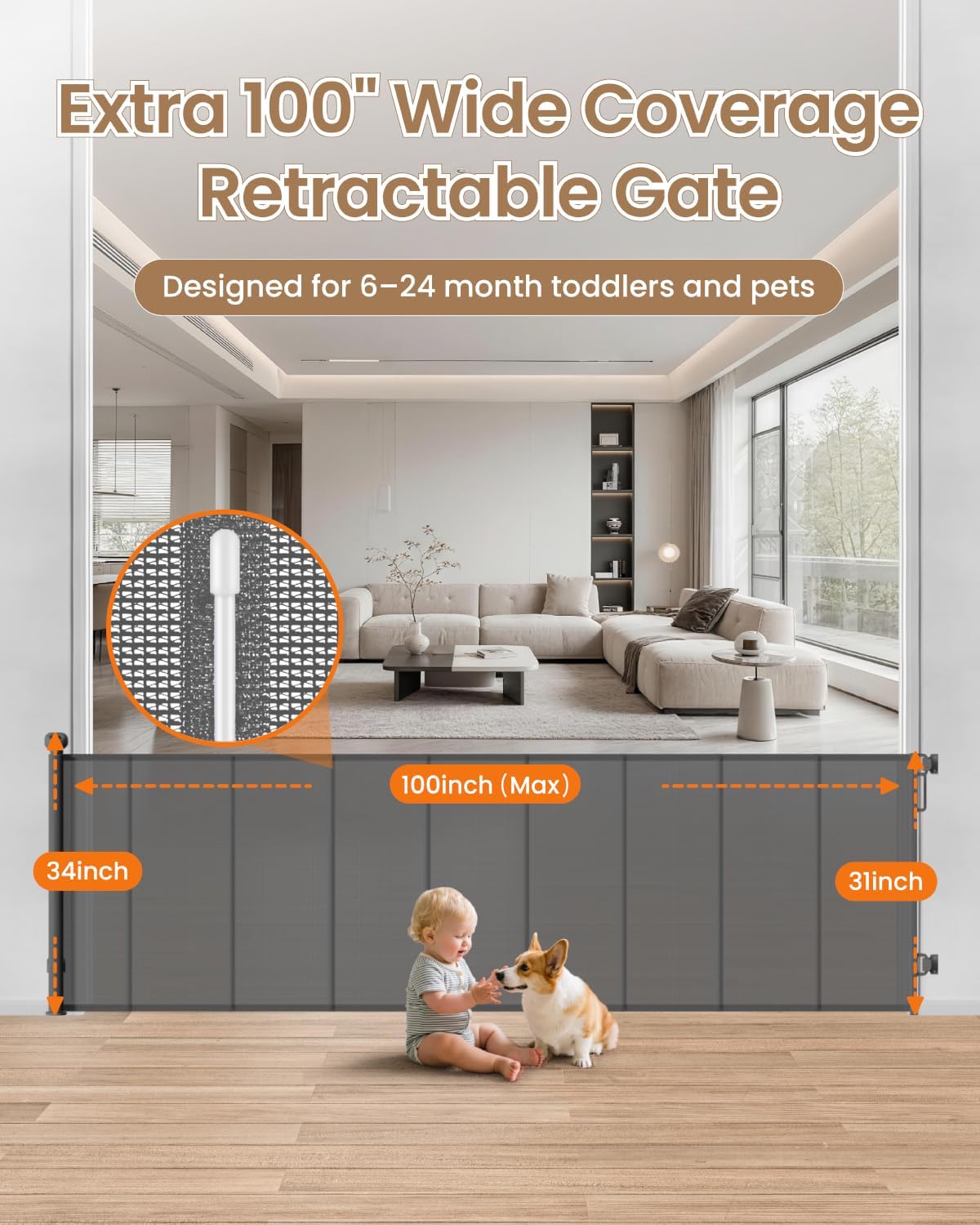 Retractable Baby Gate, 55" Wide Reinforced Mesh Baby Gate with 4 Fiberglass Support Rods for a Tighter Fit, 34" Tall Retractable Dog Gate for Stairways, Hallways and Doorways, Black