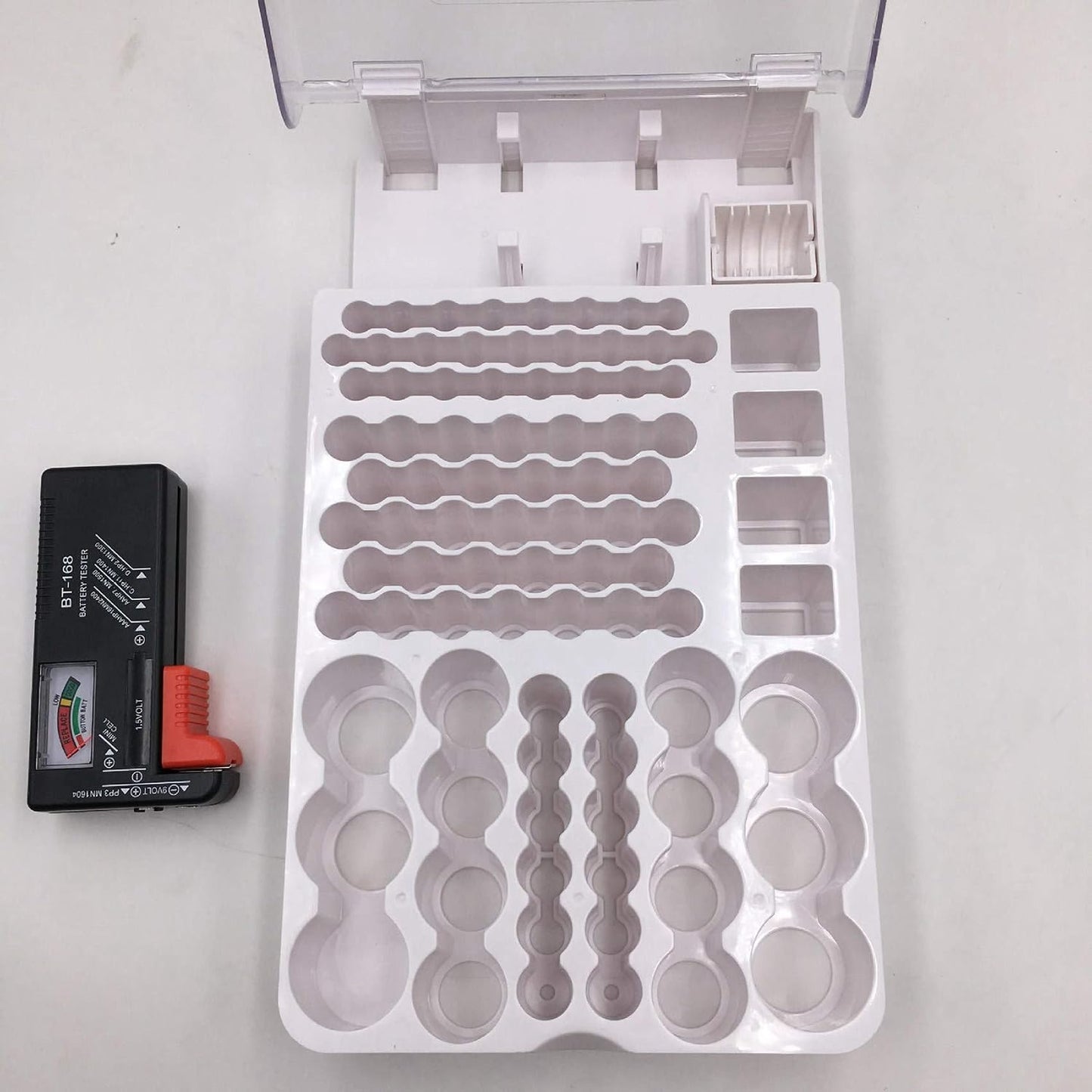 The Battery Storage Case,Organizer with Hinged Clear Cover, with Battery Tester, Holds 93 Batteries Various Sizes, Black, 500036371A2