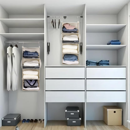 MAX Houser 4-Shelf Hanging Closet Organizer, Space Saver, Cloth Hanging Shelves with 2 Side Pockets, Foldable (Beige)