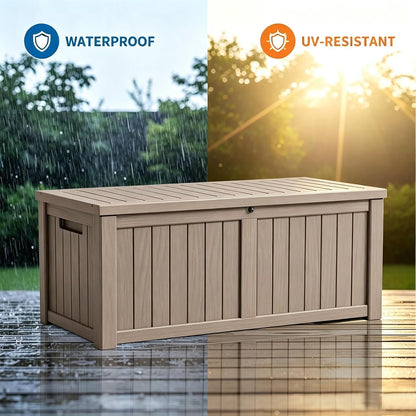 MAKINO 152 Gallon Resin Outdoor Storage Box, Waterproof Deck Box with Lockable Lid, Outside Storage Box for Patio Furniture, Pool Accessories, Garden Tools, Storage Bench for Backyard, Porch, Black