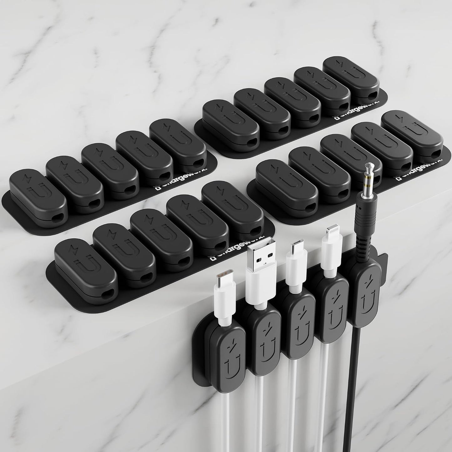 Chargeworx Magnetic Cable Clips - Cord Holder Organizer, No Drill Self-Adhesive Base, Cable Organizer, Repositionable Magnetic Clips, 5-Pack, USB-C Lightning Micro-USB, Desk Nightstand Wall Car, Black
