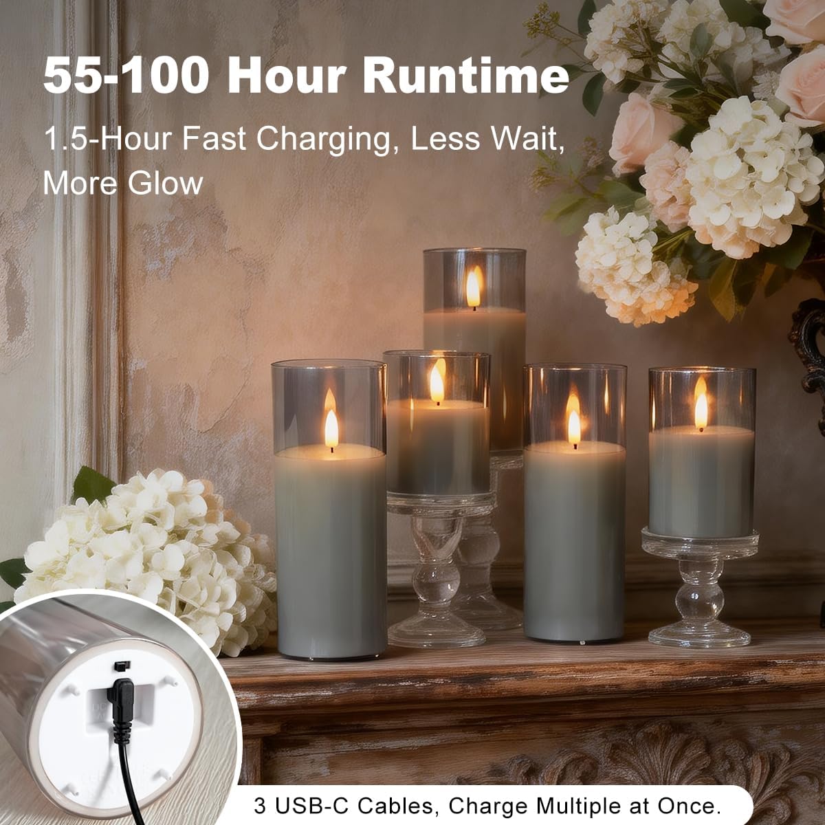 LEDHOLYT Rechargeable Flameless Glass Pillar Candles–Gifts for Women,–Set of 3, Realistic Flickering LED Light,Remote & Timer, Ideal for Living Room, Bedroom & Festival Wedding Home Party Decor