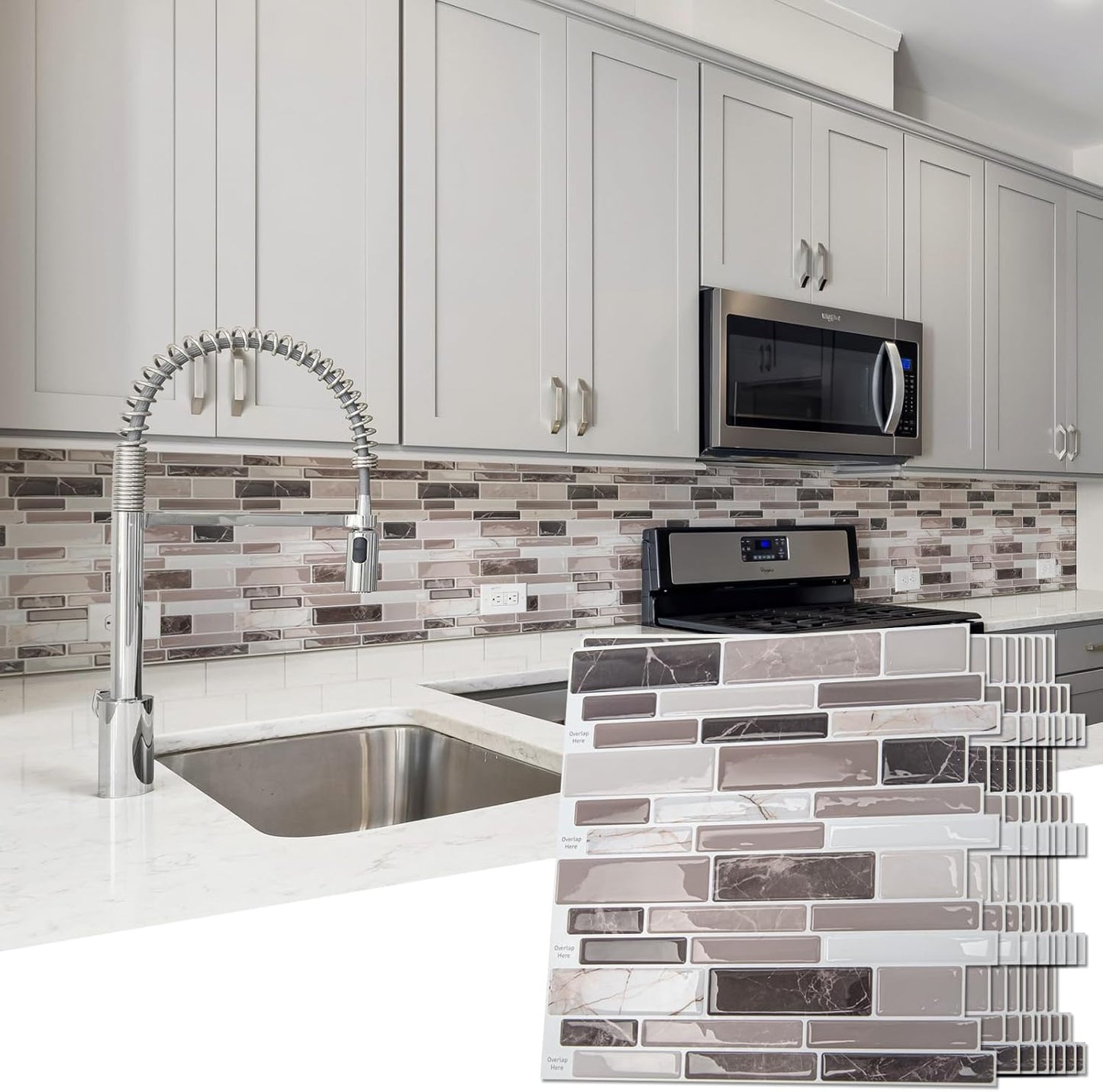 Art3d 10-Sheet Premium Stick On Kitchen Backsplash Tiles, 12"x12" Peel and Stick Self Adhesive Wall Tiles, White Marble Design