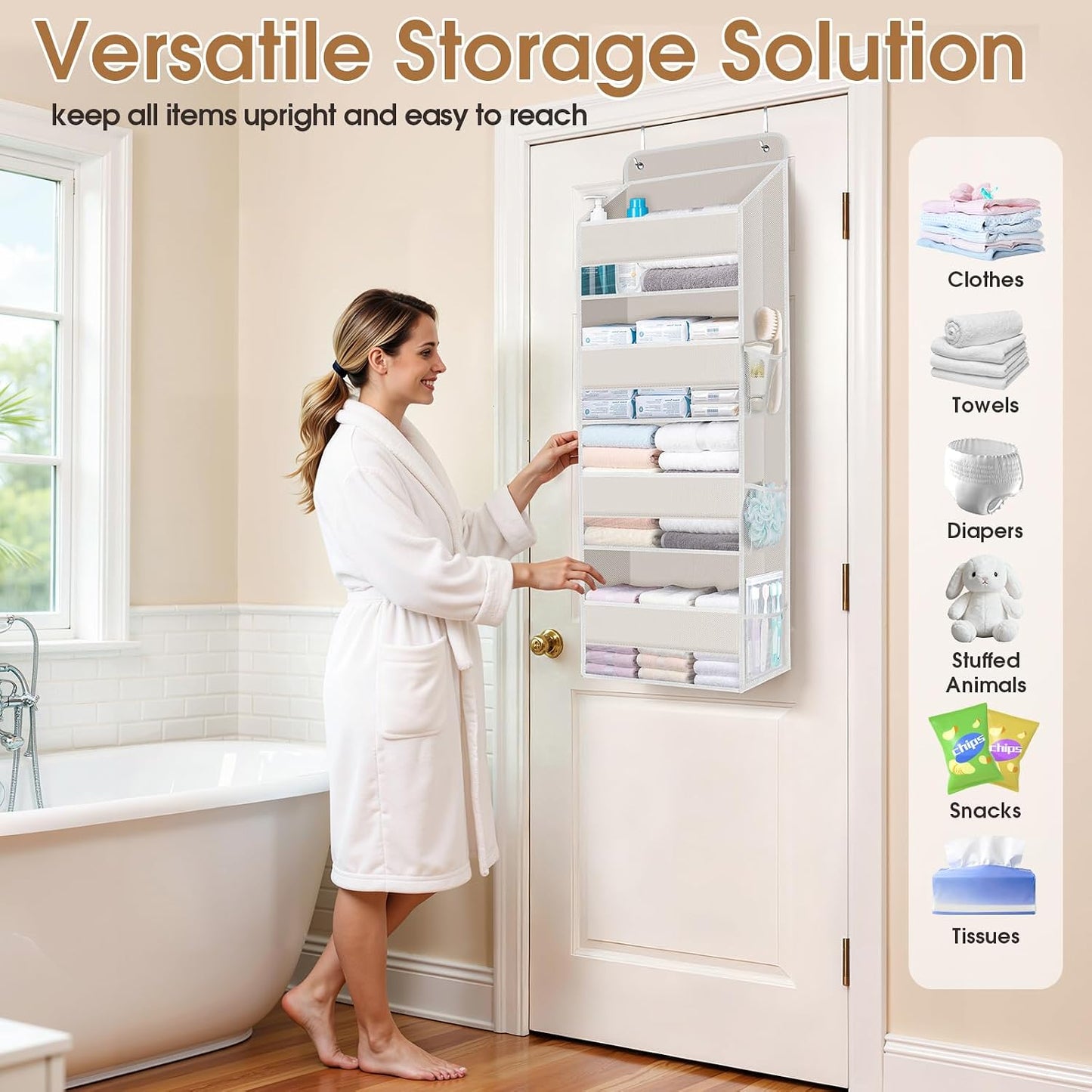 WISELIFE Over The Door Organizer Storage with 4 Large Pockets Door Hanging Organizer with Clear Windows behind The Door Storage for Nursery Bedroom Bathroom Pantry Closet and Baby Essentials Dark Grey