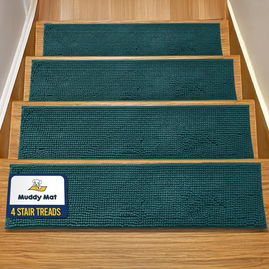 Muddy Mat® Pack of 4 - Soft Chenille Stair Treads Non-Slip Reusable, Super Absorbent Stair Treads for Wooden Steps, Tile & Marble Floor, Easy to Install & Machine Washable - Brown 30'' x 7''