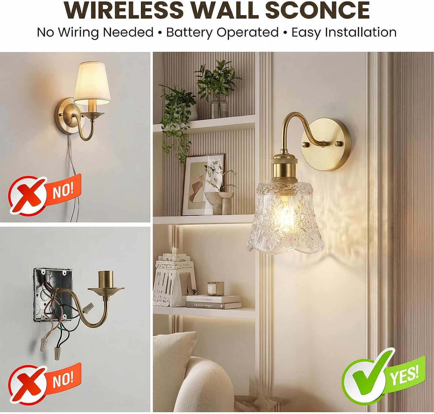 YUNICE Rechargeable Wall Sconces Set of 2 Battery Operated Wall Sconce with Remote Control Dimmable Cordless Wall Lamp with Amber Glass Lampshade Antique Brass Wall Lights for Bedroom Living Room