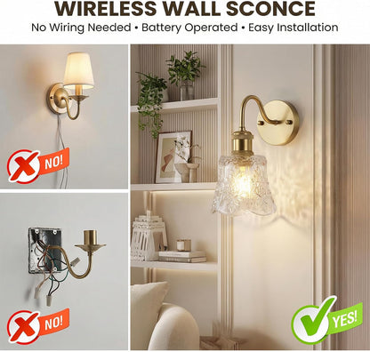 YUNICE Rechargeable Wall Sconces Set of 2 Battery Operated Wall Sconce with Remote Control Dimmable Cordless Wall Lamp with Amber Glass Lampshade Antique Brass Wall Lights for Bedroom Living Room