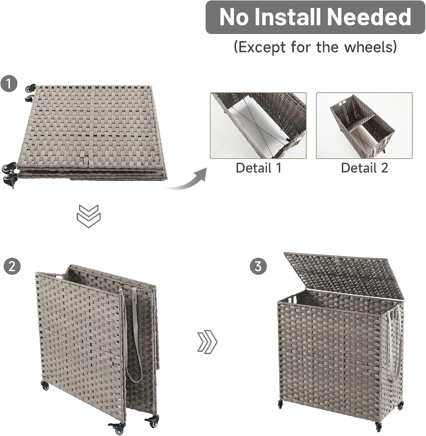 Laundry Hamper with Wheels, 34.3 Gallon(130L) Rolling Laundry Basket with Lid, 3-Section Rattan Clothes Hamper with 3 Removable Liner & 3 Mesh Bags, Laundry Sorter with Side Pocket, Brown