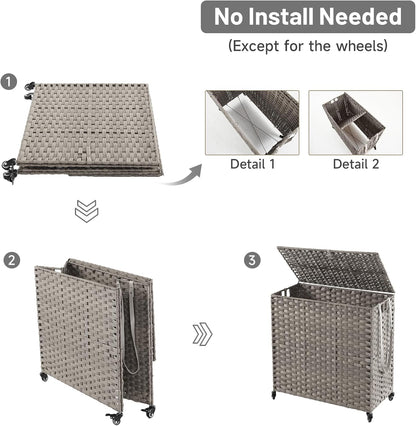 Laundry Hamper with Wheels, 34.3 Gallon(130L) Rolling Laundry Basket with Lid, 3-Section Rattan Clothes Hamper with 3 Removable Liner & 3 Mesh Bags, Laundry Sorter with Side Pocket, Brown