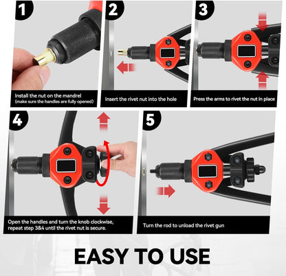 Auto Dynasty 21" Hand Riveter Rivet Nut Tool Set with 5 Guide Nozzle Silver Repair Hand Tool Kit Set for Home Household Office Warehouse