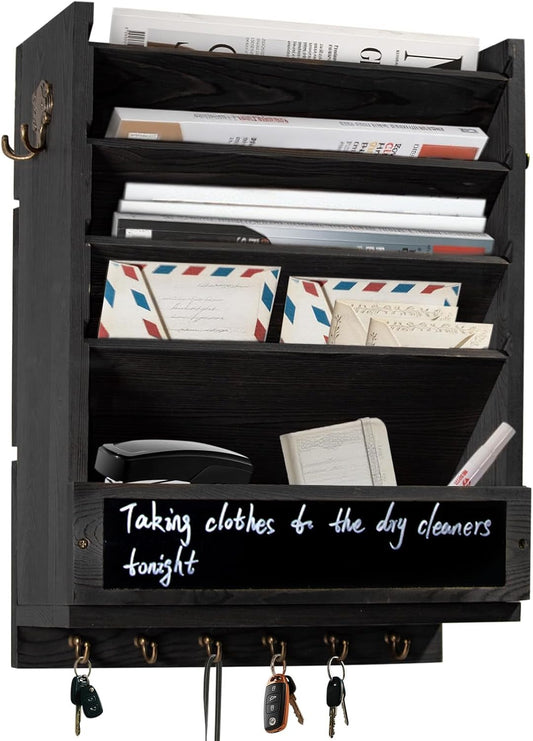 Rustic wall mail organizer,Key and Mail File Holder for Wall Mount，with 6 Key Hooks 2 Double Key Hooks A blackboard,for Home,Office, Classroom,Entryway Decor (brown)