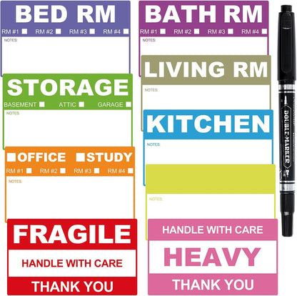 200 Count Removable Moving Labels, 3.4 x 2 in, 9 Colors with Pen | Waterproof Synthetic Paper, Writable, Tear Resistant, Color Coded Room Labels, Fragile/Heavy/Blank, Residue-Free Removal