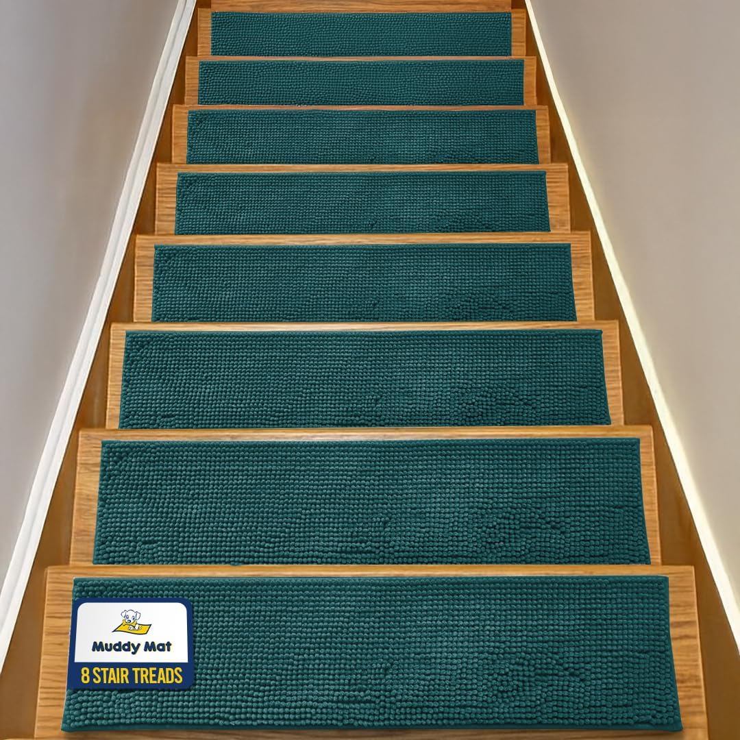 Muddy Mat® Pack of 4 - Soft Chenille Stair Treads Non-Slip Reusable, Super Absorbent Stair Treads for Wooden Steps, Tile & Marble Floor, Easy to Install & Machine Washable - Brown 30'' x 7''