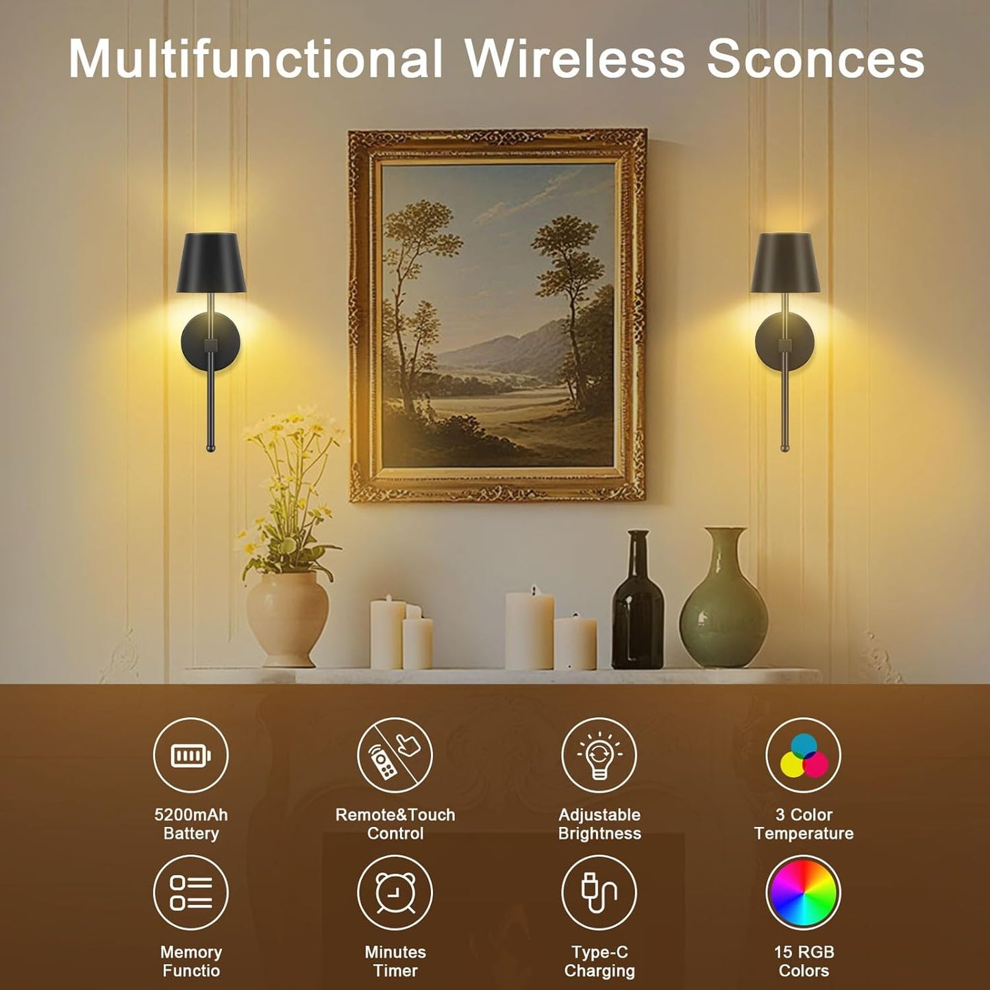 LIGHTESS Battery Operated Wall Sconce Set of Two with Touch and Remote Control, Dimmable Rechargeable Wall Lights for Living Room, Bedroom, Hallway (Gold)