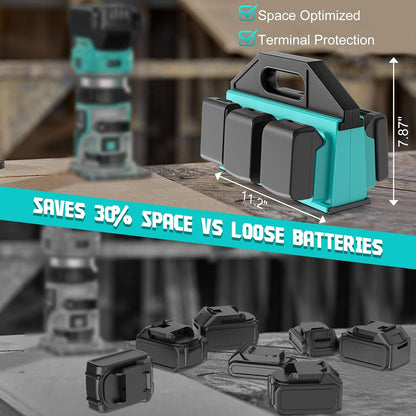 Dinftin 6-Slot Battery Caddy Holder/Carrying Case Compatible for Makita 18V Batteries - Heavy Duty ABS Organizer for 1.5Ah-12.0Ah Batteries with Handle, Non-Slip Base（Battery Not Included）