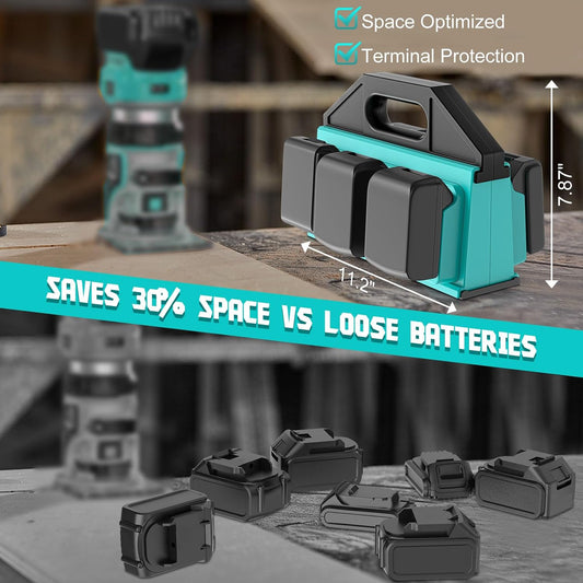 Dinftin 6-Slot Battery Caddy Holder/Carrying Case Compatible for Makita 18V Batteries - Heavy Duty ABS Organizer for 1.5Ah-12.0Ah Batteries with Handle, Non-Slip Base（Battery Not Included）