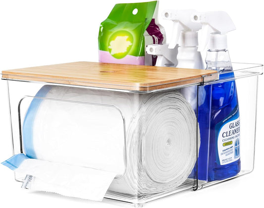 iCASA Trash Bag and Dishwasher Pod Dispenser - 3 in 1 Clear Storage Bins Holder for 13/30/33 Gallon Garbage Bags, Laundry Detergent Pods & Tabs, Under Sink Organizer for Kitchen and Laundry Room