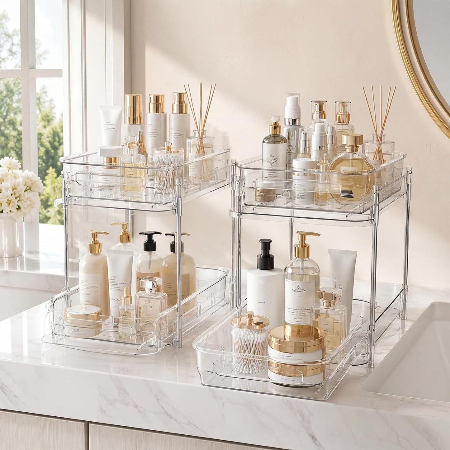 2 Tier Bathroom Storage Organizer, 2 Pack Clear Under Sink Organizers, Cabinet Drawer Bins for Vanity Counter, Kitchen, Pantry