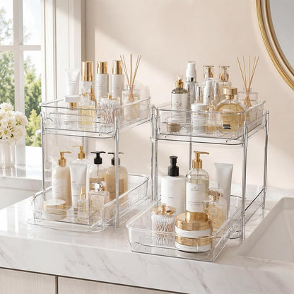 2 Tier Bathroom Storage Organizer, 2 Pack Clear Under Sink Organizers, Cabinet Drawer Bins for Vanity Counter, Kitchen, Pantry