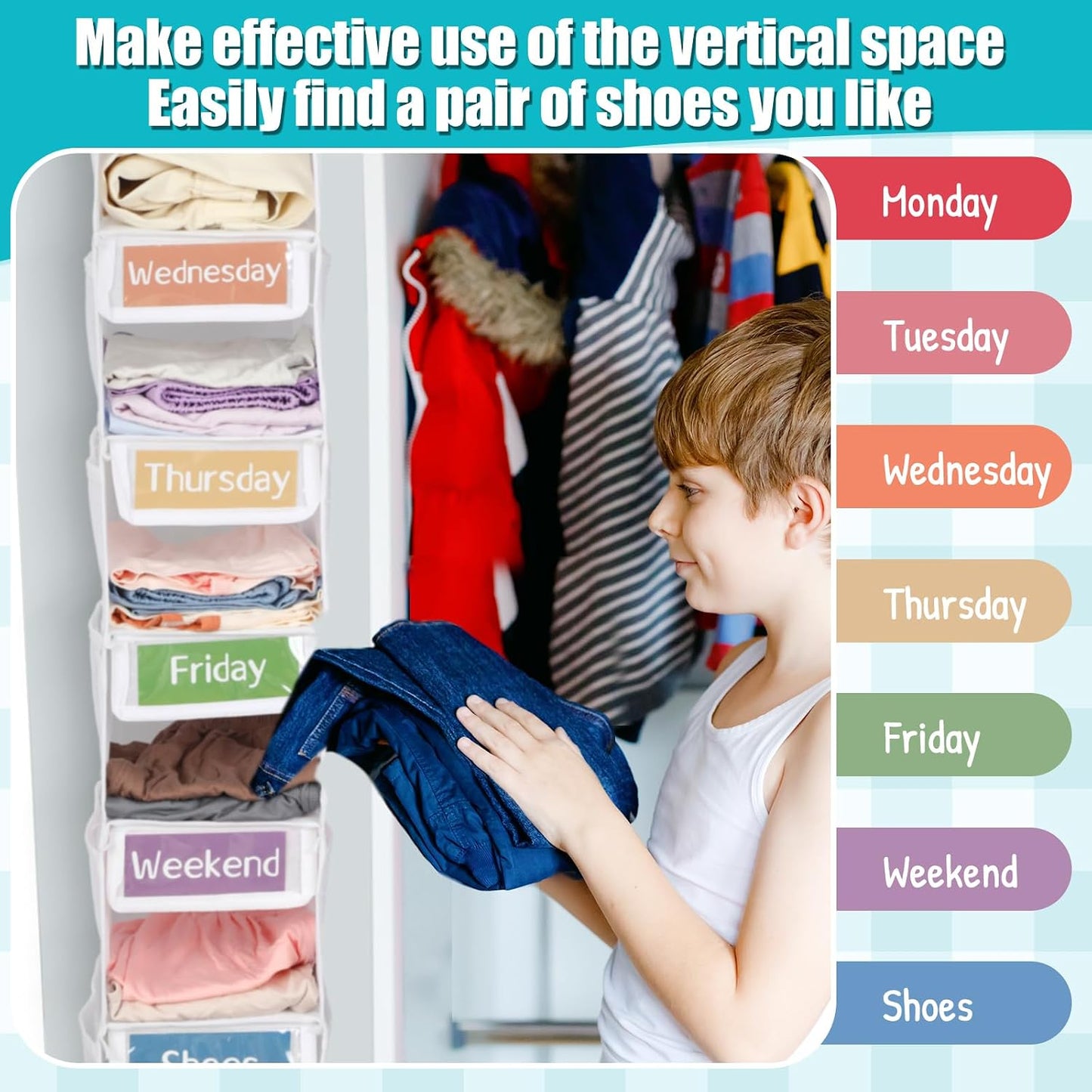2 Pack 7 Shelf Weekly Clothes Organizer Hanging Closet for Kids with Side Pockets Weekday Shoes Rack Weekly Clothes Organizers Monday Through Weekend Foldable Storage Shelves(Black)