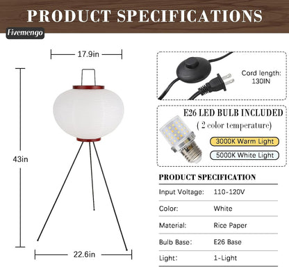 Japanese Rice Paper Floor Lamp, Cozy Paper Lamp Japandi Lantern Lights Wabi Sabi Style for Living Room Bedroom Office, 43 Inch Tripod Stand, White Lantern with E26 LED Bulb, 3000K/5000K
