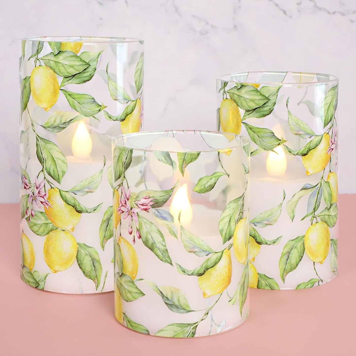 Glass Flameless Candles Flickering Battery Operated LED Pillar Candles Set of 3 with Timer and and 10-Key Remote Green Branch Floral Spring Summer Theme for Wedding Festival Home Decoration