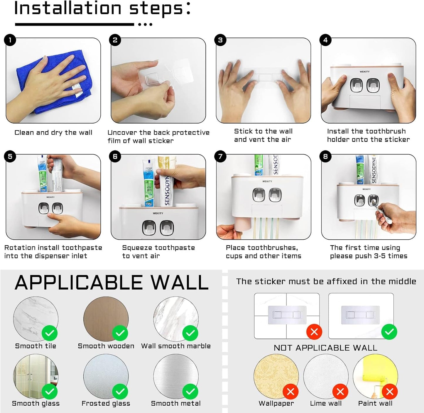 Toothbrush Holder Wall Mounted, WEKITY Multi-Functional Toothbrush and Toothpaste Dispenser for Bathroom, with 5 Toothbrush Slots, 2 Toothpaste Squeezers and 4 Cups(Grey)