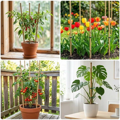 Plant Stakes Natural Bamboo Sticks - 30 Pcs Bamboo Garden Stakes for Plants 4.8 FT Plant Support Sticks with Twist Ties for Tomatoes Beans Flowers Indoor Outdoor Potted Climbing Plants